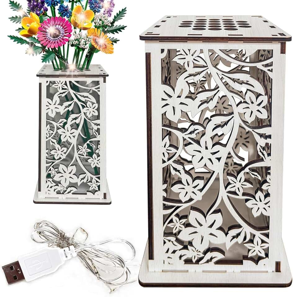 Wooden Vase for Lego Flowers, White Display Stand for Lego Flower Bouquet