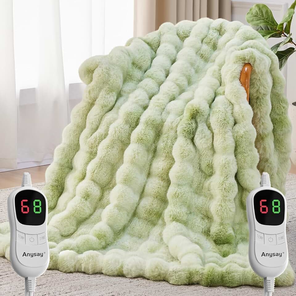 Anysay Heated Blanket Throw with 1/2/4/6/8 Hours Auto-Off 10 Heat Levels, 90" * 100" Cozy Faux Rabbit Fur Bubble Electric Blanket with Overheat Protection(Tie-Dye Green)