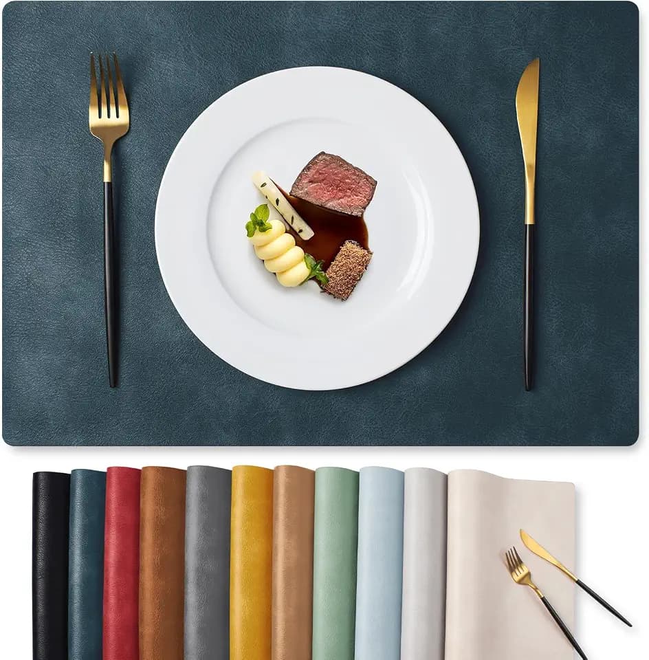 MOSAYT Vinyl Faux Leather Placemats, Set of 6, Navy Blue