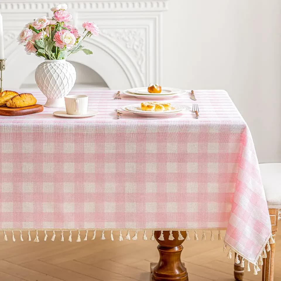 Checkered Tablecloth Rectangle Cotton Linen Gingham Table Cloth with Tassel Washable Wrinkle Free Heavy Duty Buffalo Plaid Table Cover for Dining/Party/Picnic (Pink, 55" x 84" (Rectangular))