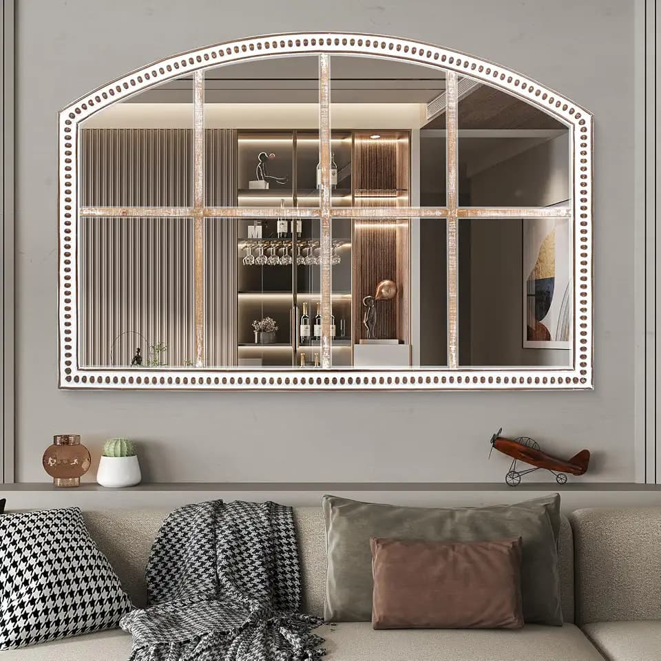 28x42 Inch Farmhouse Windowpane Mirror, Distressed Wood Arched Wall Mirrors