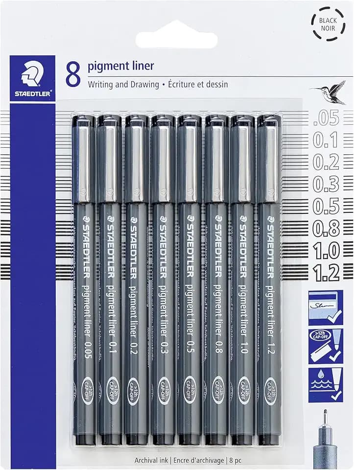 STAEDTLER Pigment Liner Fineliner Pens Set, Black, 8pc Assorted Tip Sizes