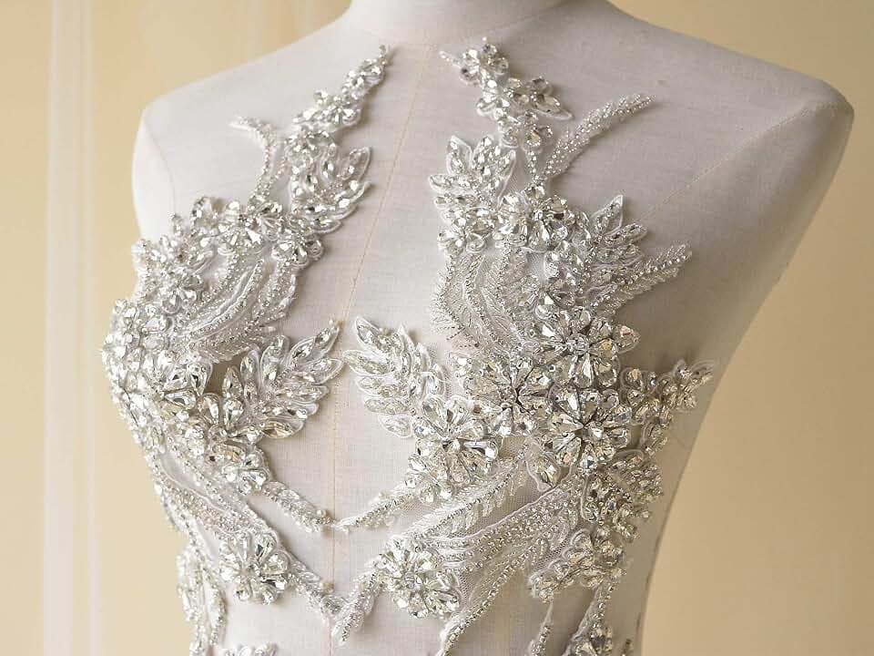 Sparkling Rhinestone Applique Handmade Heavy Beads Motif Diamante Crystal Lace Patch Craft DIY Sewing on Bridal Wedding Dress