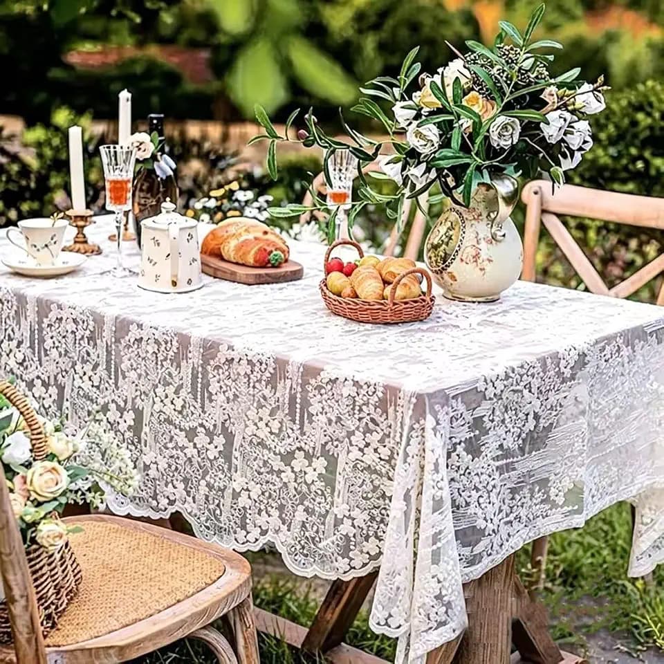 JE JOUE French Embroidery Lace Tablecloth - Rectangular for Coffee Tables, Vintage Beige Lace Table Cover for Kitchen, Dining Room, Party, Banquet, Wedding, Picnic, Home Decor(118 * 53in,White)