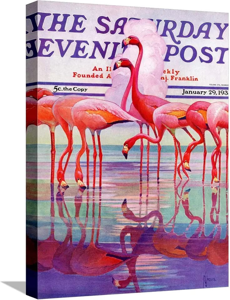 ART.COM Canvas Wall Art Prints Pink Flamingos, Saturday Evening Post Cover, January 29, 1938 by Francis Lee Jaques, Animals Decor, 12" x 16"