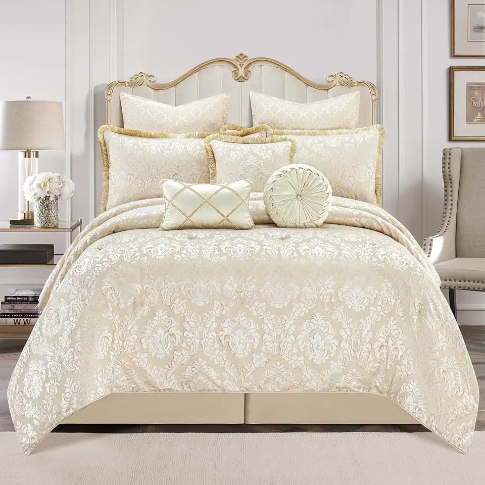 Loom and Mill 9-Piece Elegant Damask Comforter Set, Beige White, King