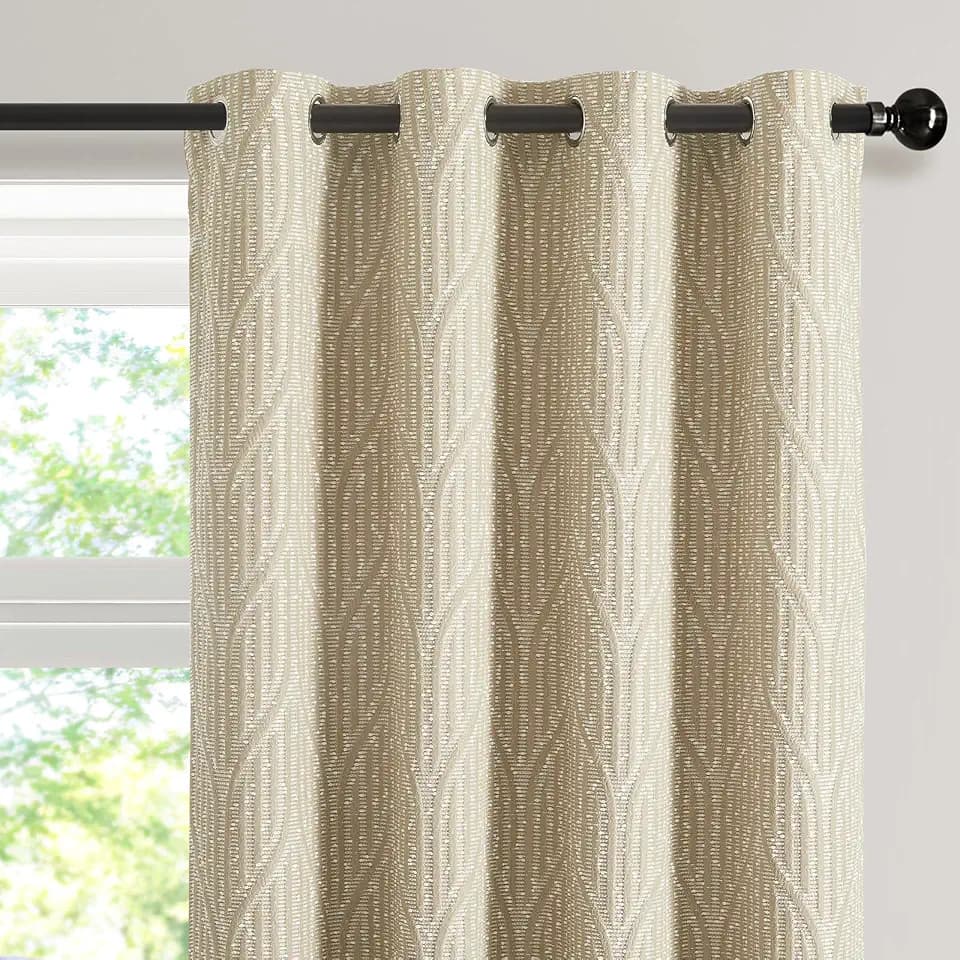 Warm Sand and White Jacquard Blackout Curtains, 52 Inches Wide 96 Inches Long 2 Panels, Thermal Insulated Noise Reducing Grommet Window Treatments Drapes for Bedroom Living Room