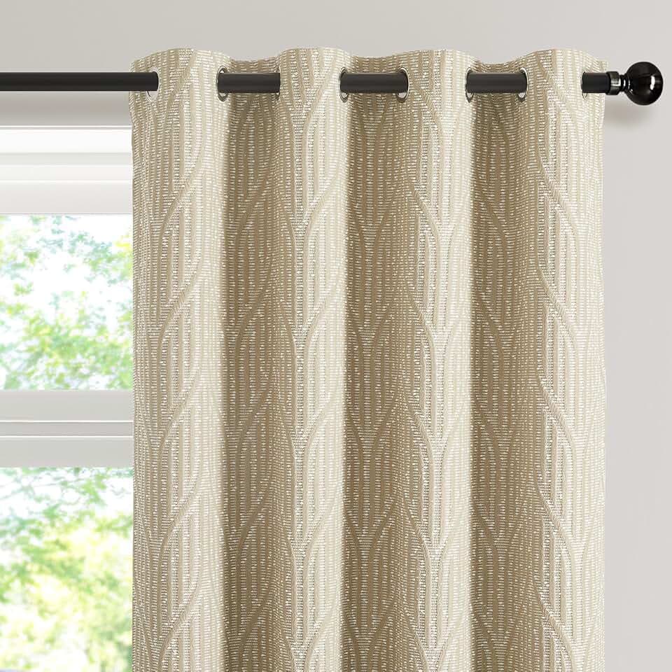 Warm Sand and White Jacquard Blackout Curtains, 52 Inches Wide 120 Inches Long 2 Panels, Thermal Insulated Noise Reducing Grommet Window Treatments Drapes for Bedroom Living Room