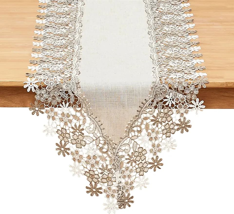 Natural Beige Floral Lace Table Runner Dresser Scarf (16” x90”)