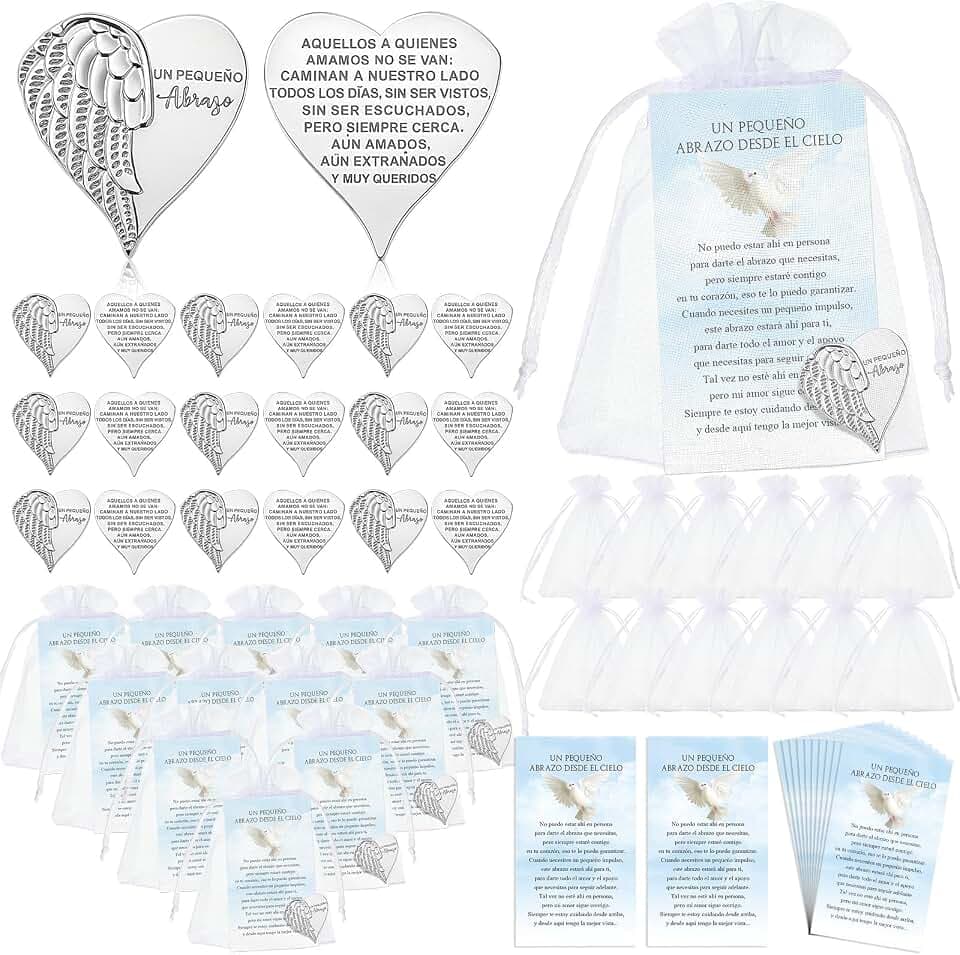 Fumete 60 Sets Heart Pocket Hug Token Angel Coins Prayer Cards, Spanish