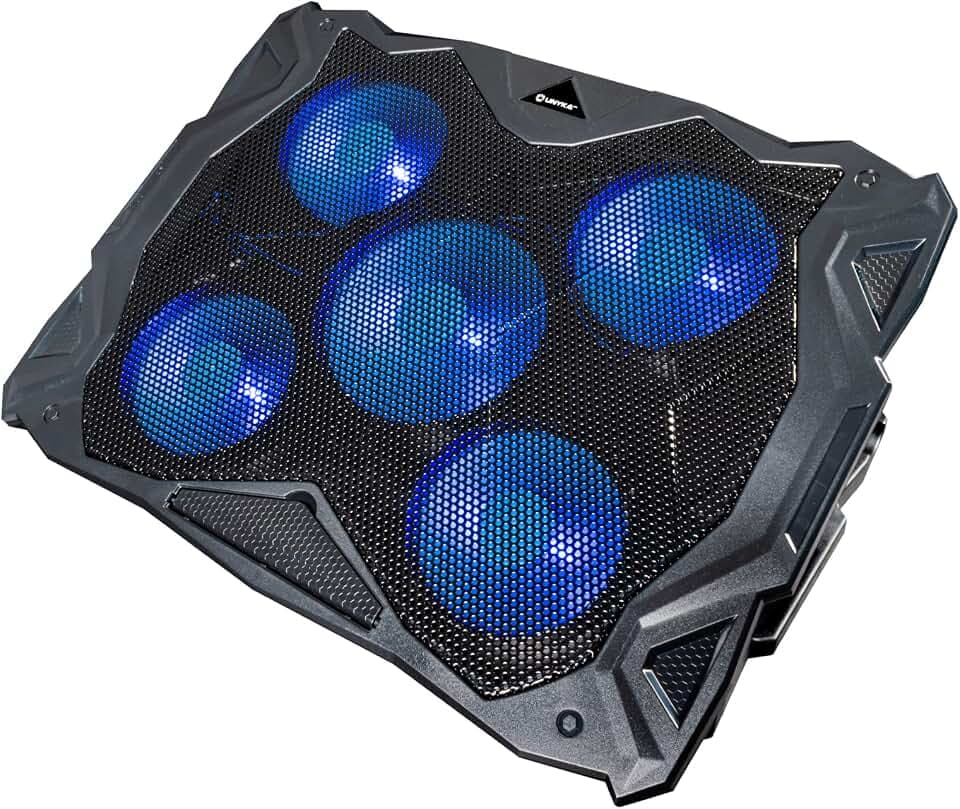 UNYKach Tragbare Kühlbasis 48,1 cm (19 Zoll) Candy C500 mit fünf blauen LED-Lüftern, verstellbare Geschwindigkeit, klappbare Füße für 5 Positionen und 2 USB-Anschlüsse.