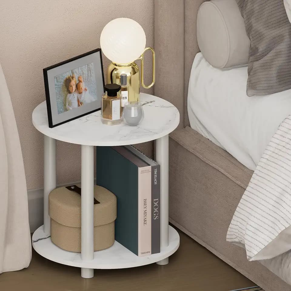 Furinno Turn-N-Tube Night Stand, 2-Tier Small Round Nightstand, Toolless Assembly End Table with Open Shelf, Bedside Table, Side Table, for Bedroom, Closet, Dorm, Marble White