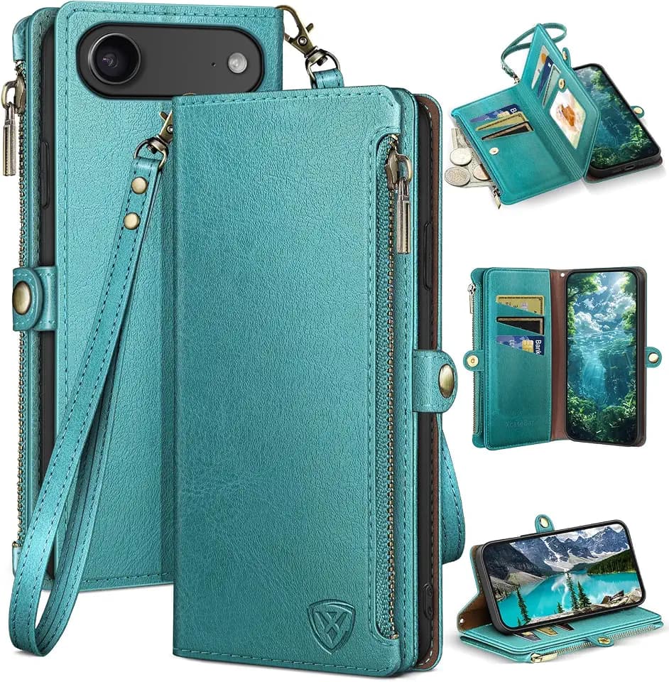 XcaseBar Compatible with iPhone Air 6.5" Wallet case with Zipper Credit Card Holder【RFID Blocking】,Flip Folio Book PU Phone case Shockproof Cover Women Men for Apple 17 Air case Blue Green