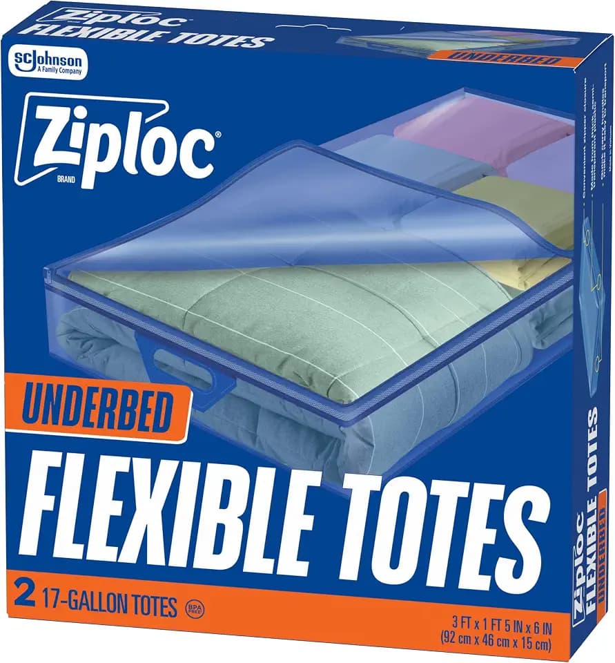 Ziploc Flexible Totes, Underbed Size, 17 Gallon, 2 Count Organizing Tote with Zipper and Built‑In Handles, Flexible & Stackable Clothing and Home Storage Bag