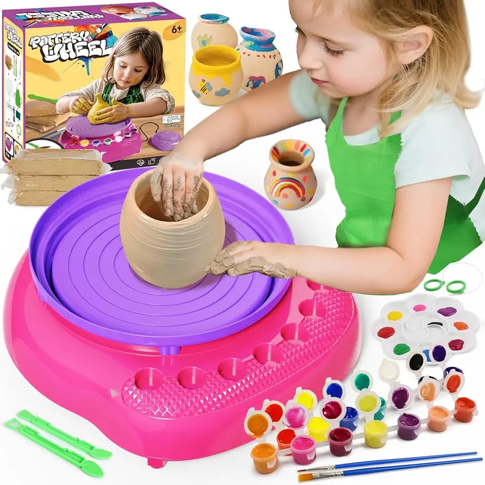 Vinkp Pottery Wheel for Kids - Complete Pottery Painting Kit Arts and Crafts for Kids Ages 8-12 with Air Dry Clay Art Supplies for Girls Boys Toys Birthday Gifts for 6 7 8 9 10 11 12 - Pink