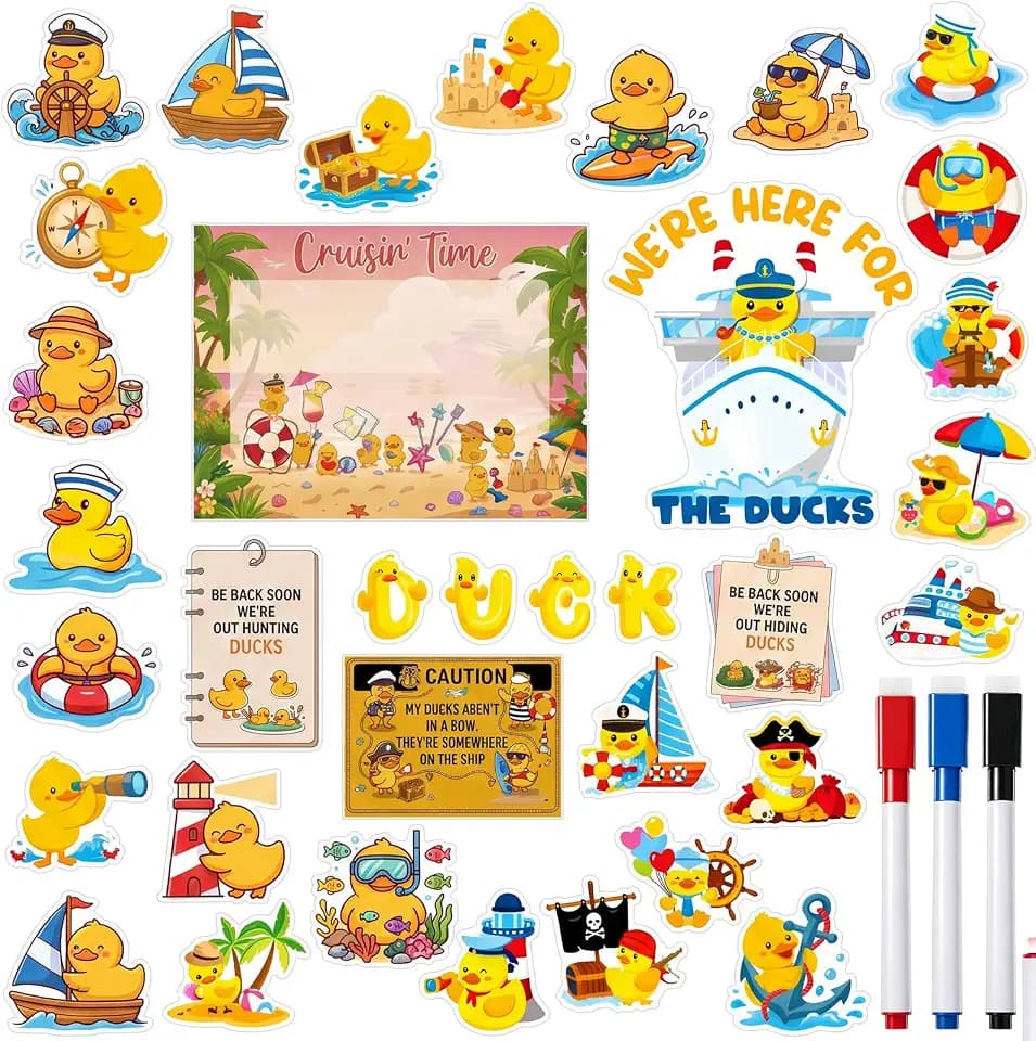 Leumoi 37 Pcs Cruise Duck Door Magnets Set with 3 Pcs Magnetic Whiteboard Marker, Funny Cruise Ducks Magnetic Stickers, Waterproof Navigation Decorations for Carnival Ship Cabin Refrigerator Car
