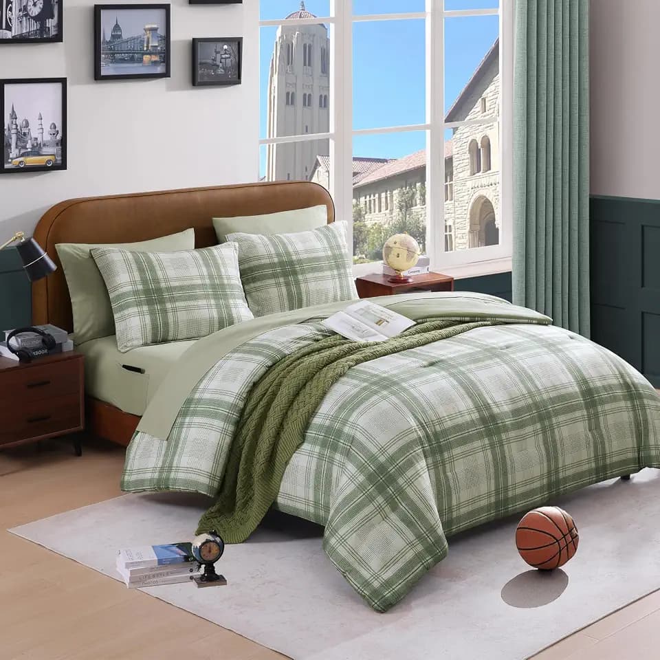 Plaid Twin XL Comforter Set Green 5 Pieces Bed in a Bag for College Dorm
