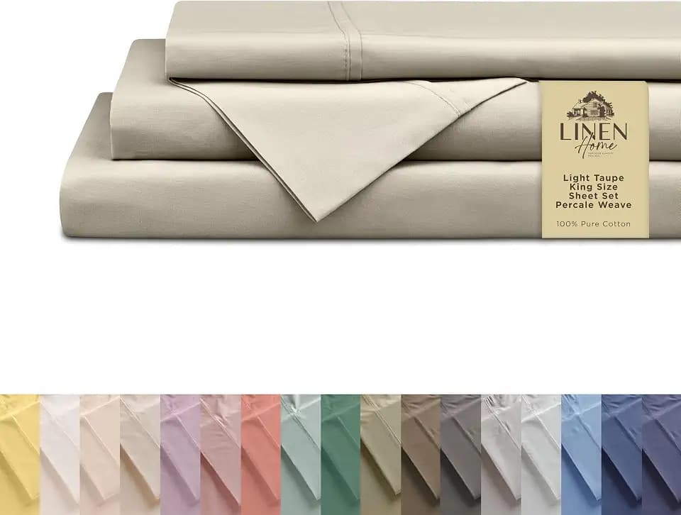 Linen Home 100% Cotton Percale King Sheets, 4 Pc Cooling Set - Light Taupe