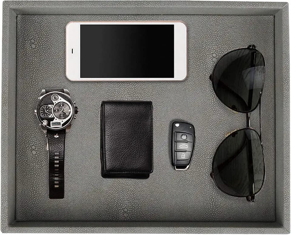 HofferRuffer Decorative Desktop Organizer Tray, Bathroom Vanity Tray, Storage Jewelry Perfume Dresser Tray, Catchall Tray for Change Coin Key, 10.2 x 8.4 x 1.8 inches (Dark Grey Faux Leather Shagreen)