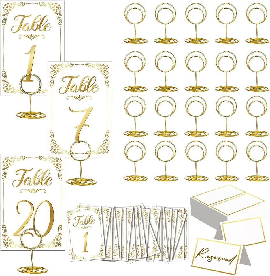 1 to 20 Gold Table Numbers with Place Cards White Holders