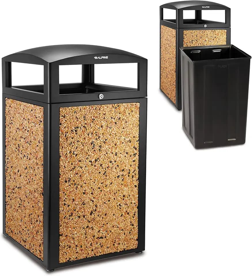 Alpine Outdoor Commercial Trash Can with Lid - 40 Gallon Heavy Duty Metal Garbage Can with Removable Bin, Locking Lid for a Modern Look in Park, Mall & High Traffic Areas - Black & Brown Stone Panels