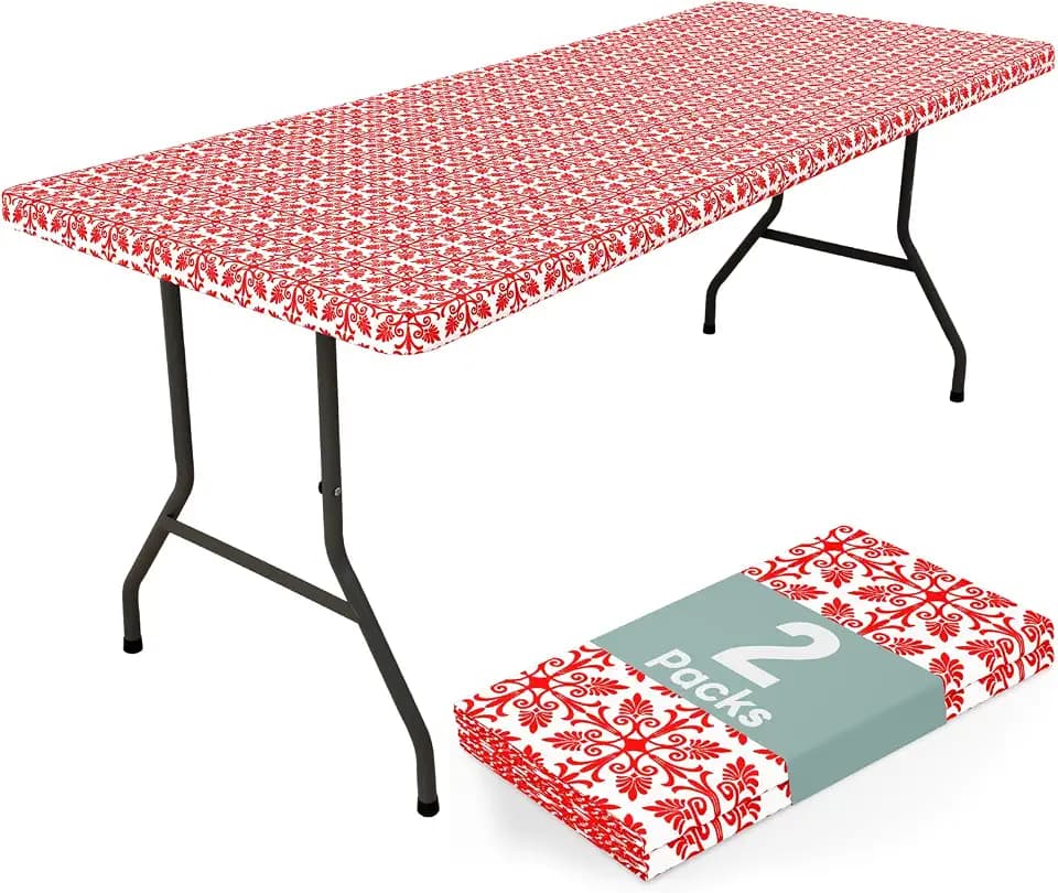 misaya 2 Pack 8 Foot Rectangle Picnic Tablecloth, Elastic Fitted Waterproof Table Cover, Windproof Washable Polyester Table Cloth for Camping, Indoor and Outdoor (Red, 30" x 96")