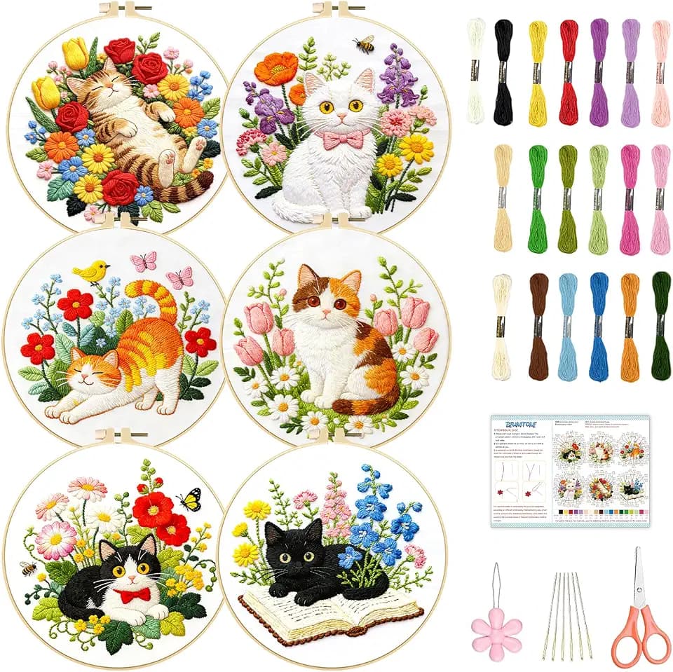 BEUNITONE 6 Set Cat and Flowers Embroidery Kit for Adults Beginners, Pre-Stamped Pattern Needlepoint Kits with Hoop, Tools, Instruction, Hand Embroidery Kits for Gifts, Fabric and Home Decor 7.9x7.9