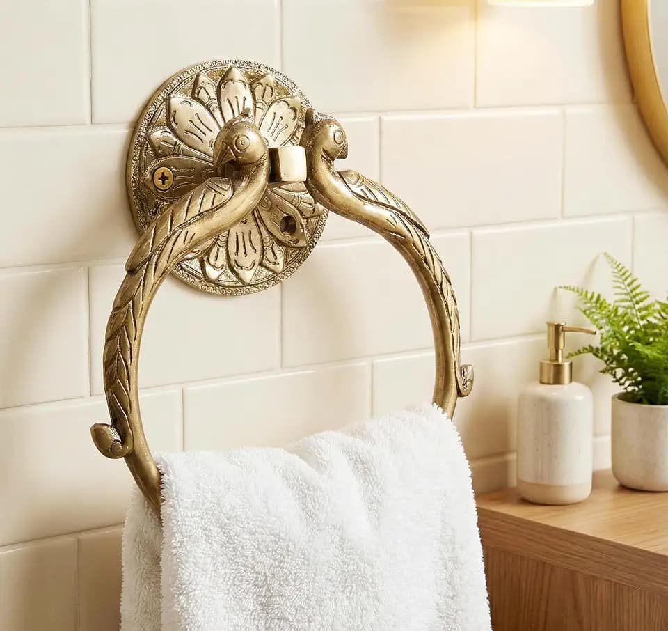 7.5" Inches - Brass Hand Towel Hanger Holder | Hand Towel Hanger Holder | Towel Holder for Bathroom in Twin Peacock Design