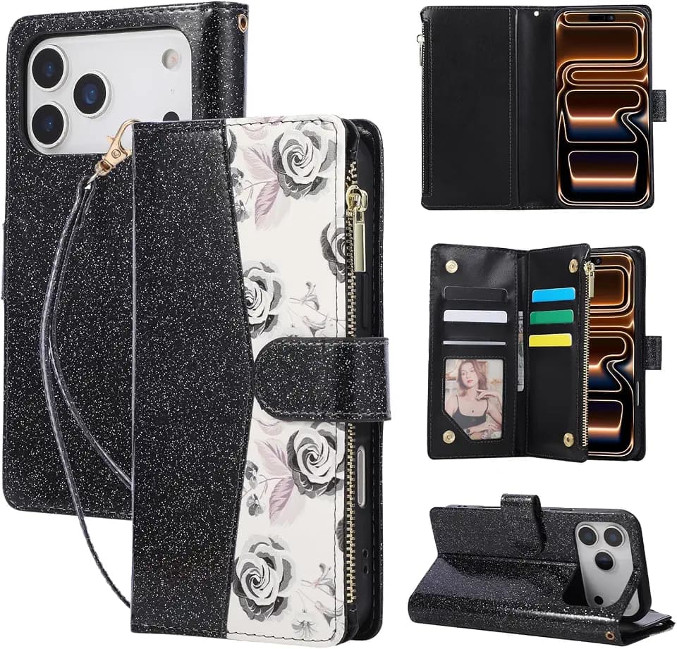 UEEBAI Schutzhülle für iPhone 17 Pro, Glitzer-PU-Leder, Magnetverschluss, Handtasche, Reißverschluss, Ständer, Kartenfächer, Handschlaufe, stoßfest, Klapphülle, glitzernd, Schwarz