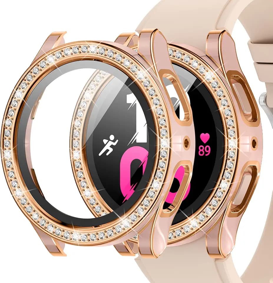 Kamita Glitzer Diamanten Hülle für Samsung Galaxy Watch 5/Watch 4 44mm, Hart PC Bumper Schutzhülle mit Hartglas Displayschutzfolie, Bling Displayschutz Cover für Galaxy Watch5/Watch4 (Rosa-roségold)