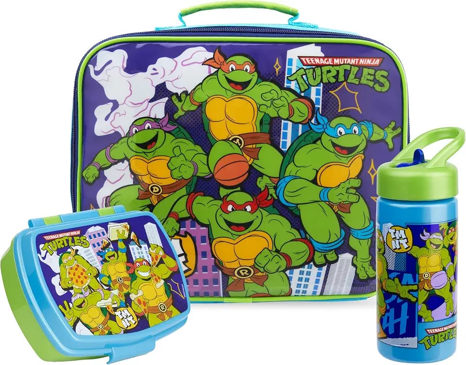Get Trend Teenage Mutant Ninja Turtles Kids Insulated Lunch Bag 3Pc Set with Reusable Lunch Box & 14.2-oz BPA-Free Water Bottle, Lightweight,Carry Handle & Name Card Window,Gifts for Boys(Multi TMNT)