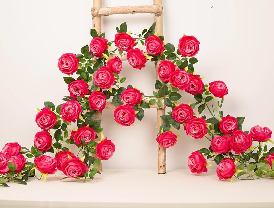 2Pcs 12Ft Bendable Flower Garland Faux Rose Vine for Wedding Decor,Fuchsia