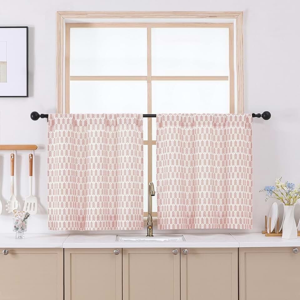 Gwine Arrow Kitchen Curtains 24 Inch Length - Light Filtering Faux Linen Half Window Short Curtains, Farmhouse Boho Rod Pocket Small Window Treatments for Bathroom RV Camper, 30Wx24L, 2 PCS, Pink