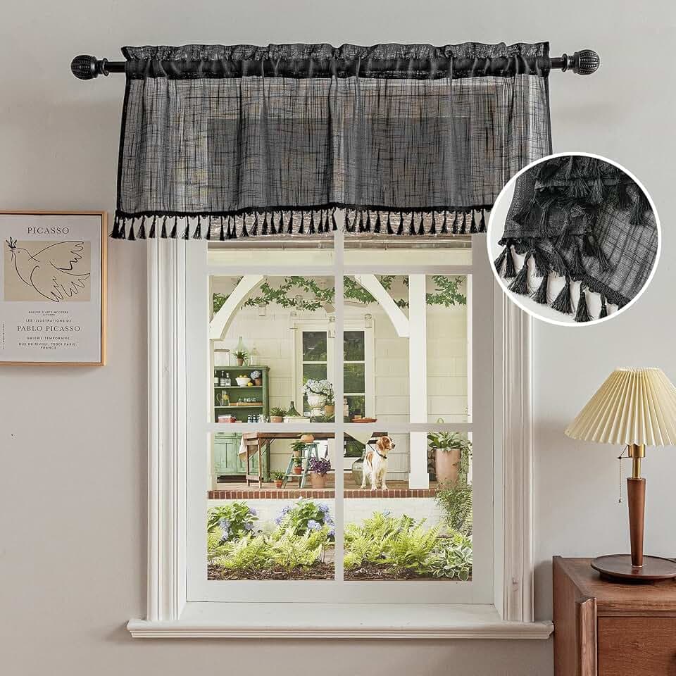 Beda Home Tassel Linen Textured Swag Curtain Valance, Black, 52 x 18 in