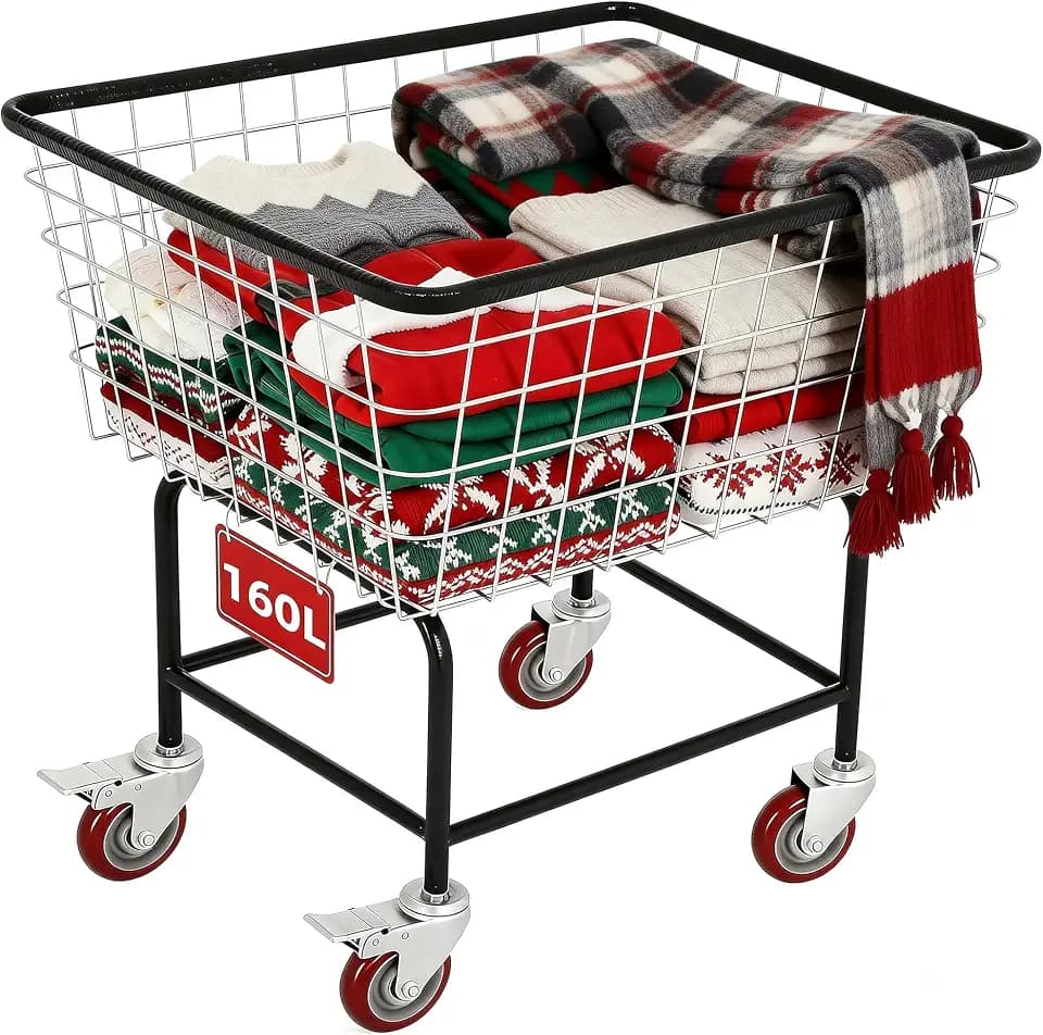 4.5-Bushel Rolling Laundry Cart with Wheels, Steel Clothing Storage