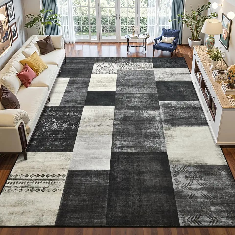 DweIke Washable Area Rugs 8x10 for Living Room, Large Modern Geometric Black White Soft Patchwork Carpet, Non-Slip Stain Resistant Throw Rug for Bedroom Dining Room Office Home Decor