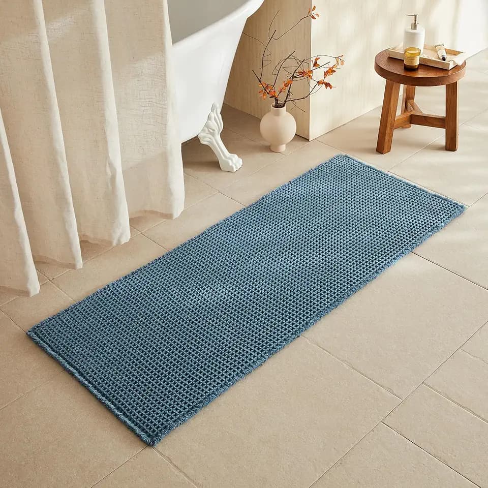 TYUU Waffle Runner Rug Bathroom, Long Boho Bath Mat, 60x24 Denim Blue