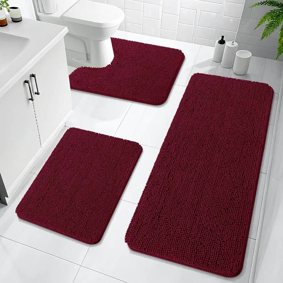 OLANLY Bathroom Rugs Sets 3 Piece, 47"x20"+24"x16"+24"x20", Burgundy