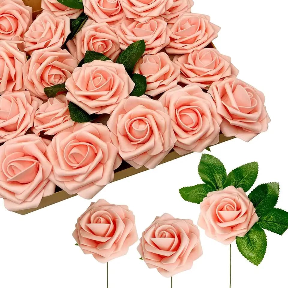 Artificial Peach Pink Foam Roses with Stems & Leaves - Pack of 50, Perfect for Wedding Centerpieces, Event Decor, DIY Bouquets, and More