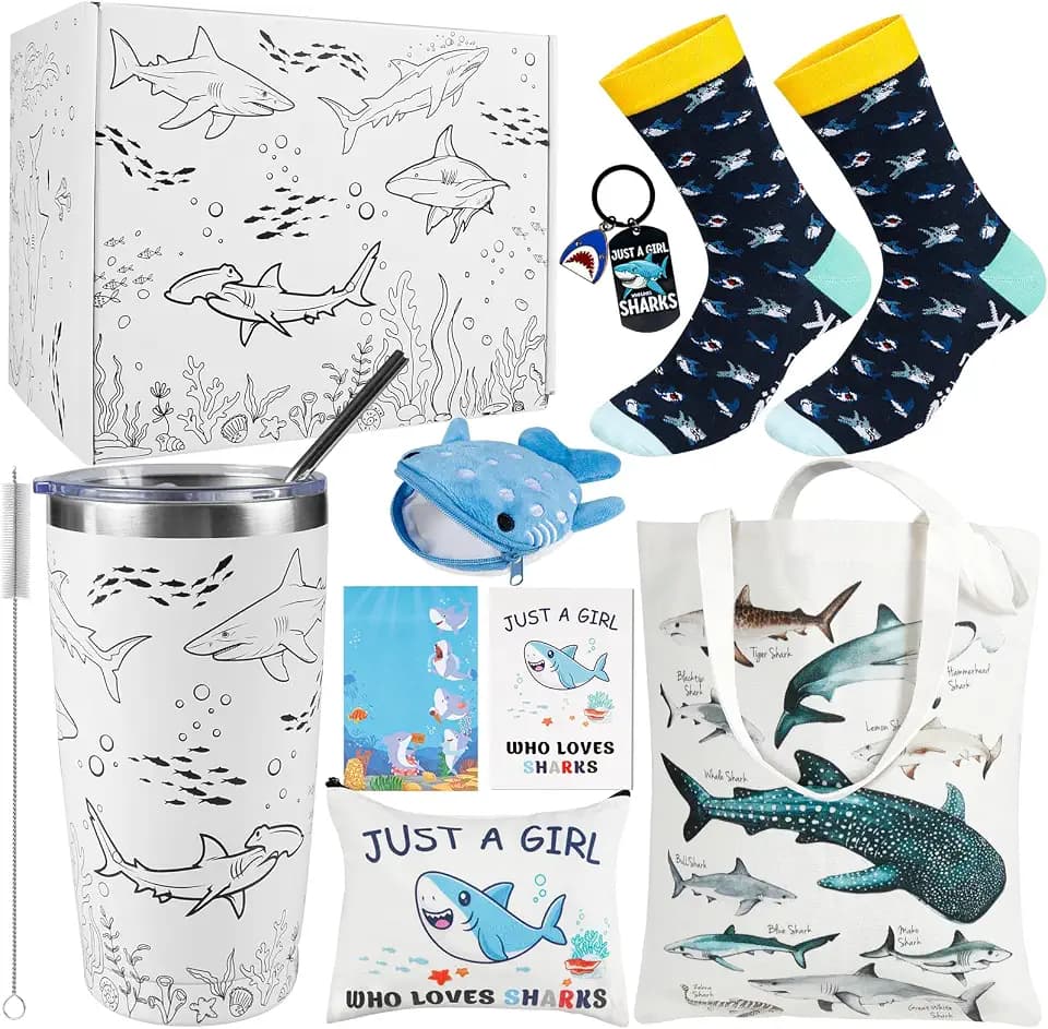 Shark Gifts for Women, 9 Pcs Shark Lover Gift Set for Girls Including Tumbler Tote Bag Makeup Bag Shark Coin Purse Socks Notepad Keychain Gift Card for Christmas Birthday Mother’s Day