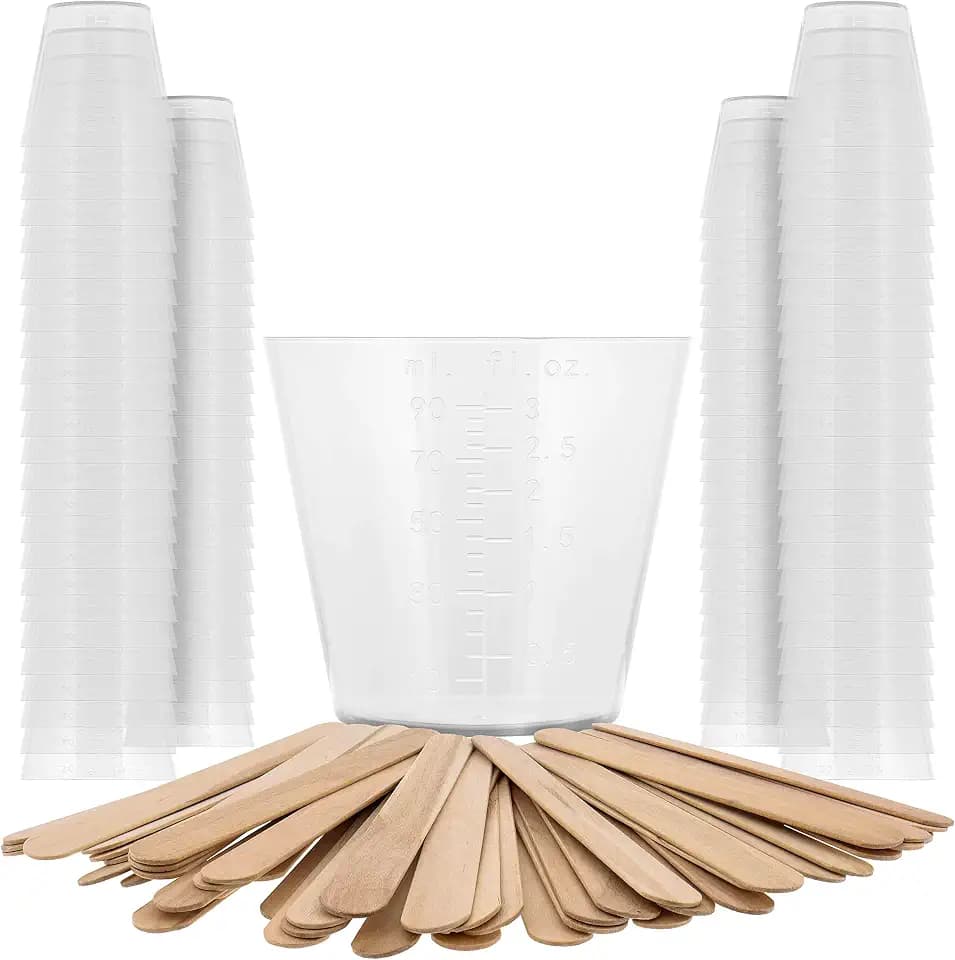Pouring Masters 3 Oz (90 ml) Liquid Measuring Cups, 100 Pack with 25 Sticks