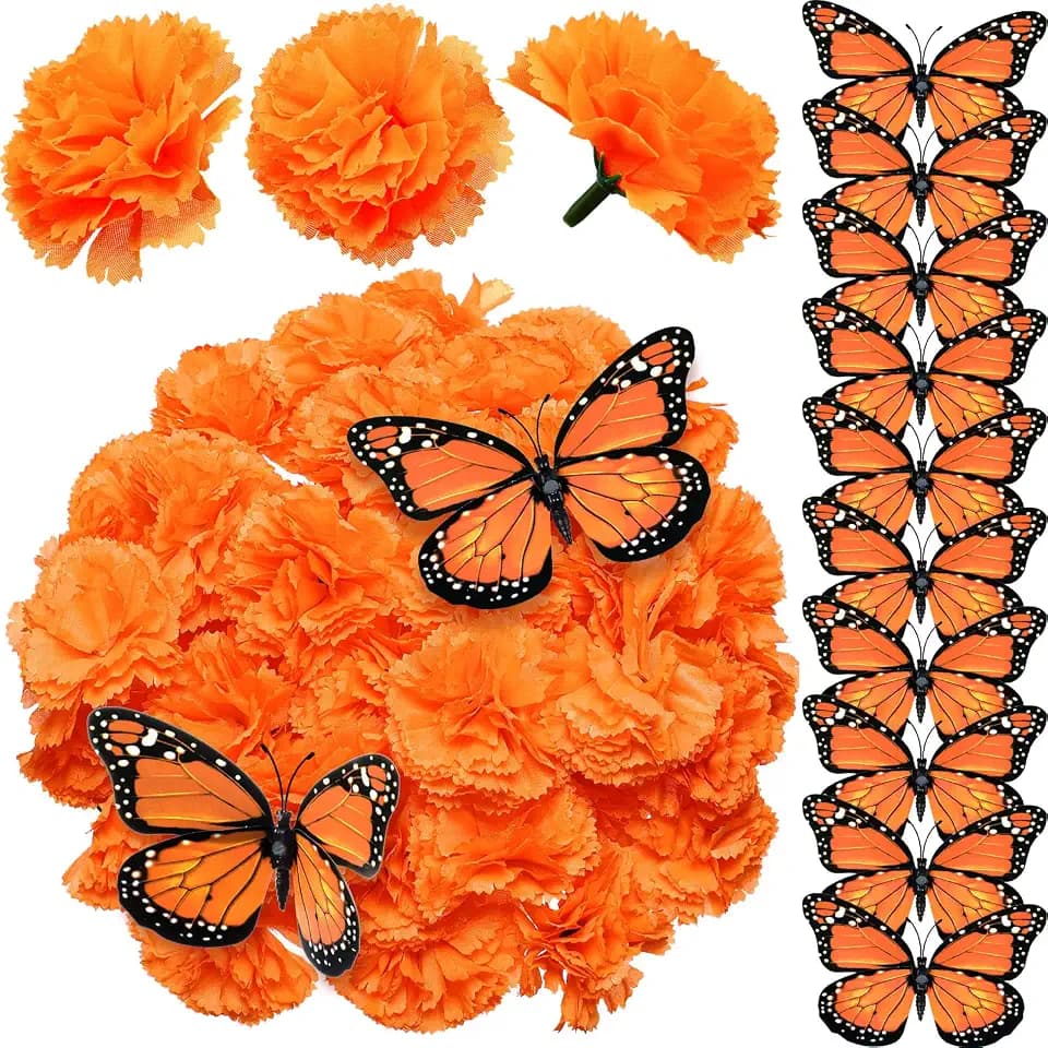 WILLBOND 62 Pcs Marigold Flowers & Monarch Butterfly Decor, Orange