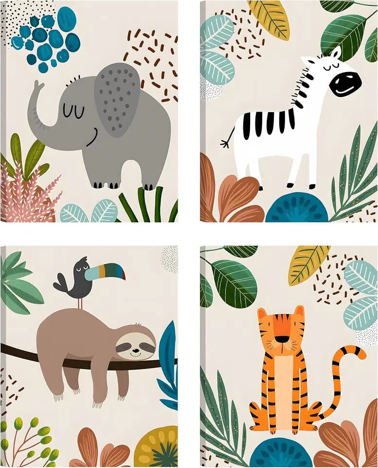 4pcs Framed Safari Cartoon Jungle Animal Wall Art 12x16 inches