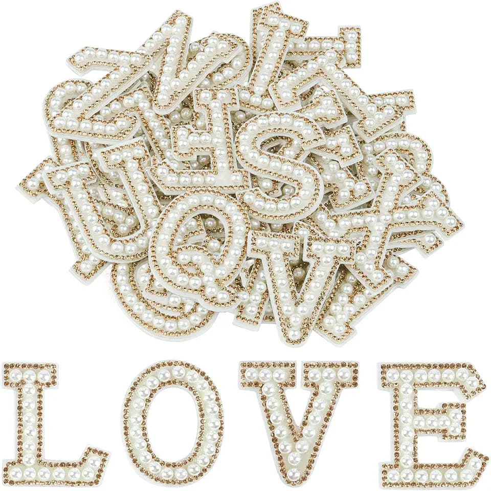 Morcheiong 52Pcs Pearl Rhinestone Letter Patches Self Adhesive A-Z, Stick on Pearl Letter Patches for Clothes, Fabric, Backpack (Light Yellow)