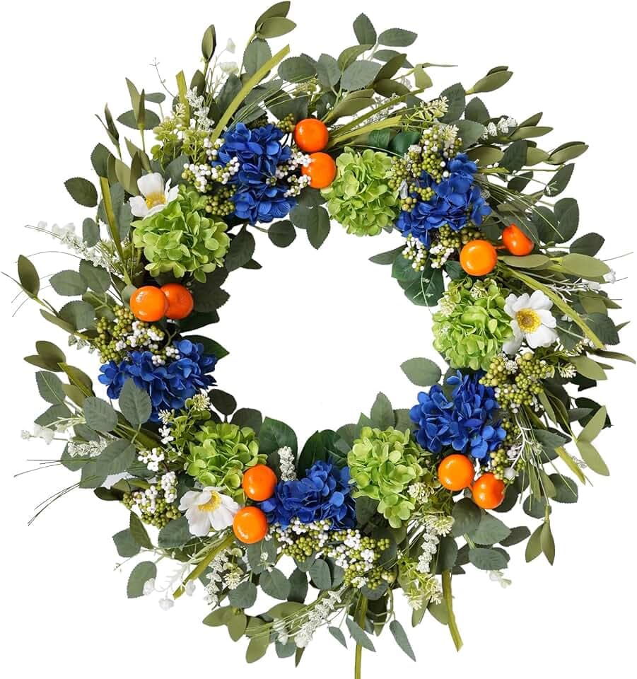 Idyllic 26 Inch Spring Summer Wreath for Front Door - Blue Green Hydrangea Wreath with Orange Berries and White Flowers, Foldable Base for Indoor Outdoor Decor