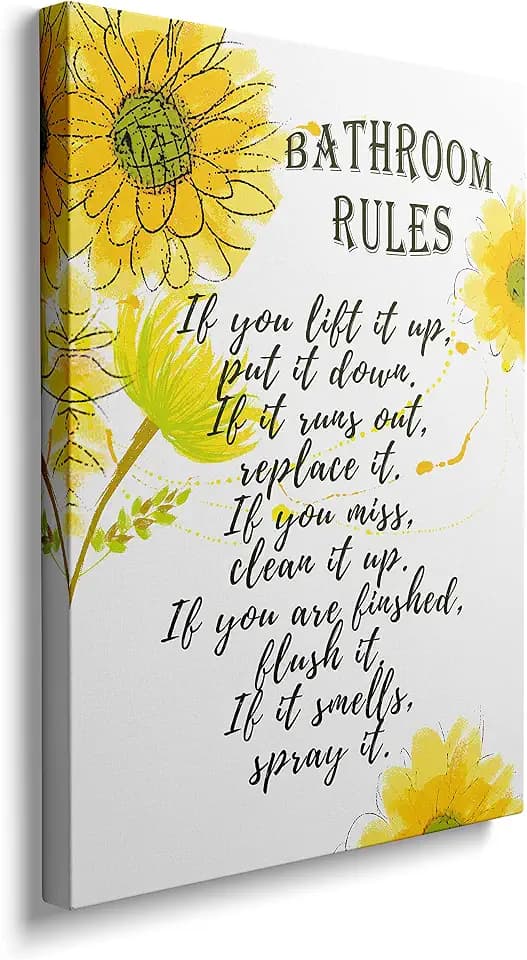 Framed Bathroom Rules Wall Art Yellow Flower Canvas Farm Decor 12x16 Inches