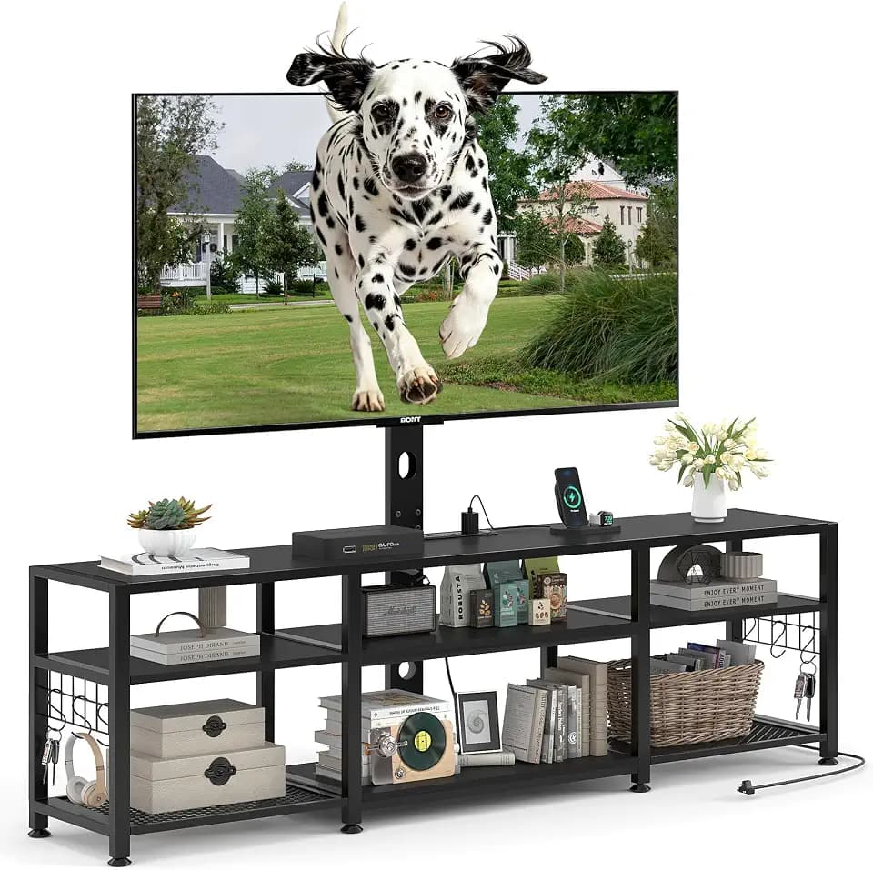 VECELO 63" TV Stand with Mount and Power Outlets, Entertainment Center Console with Open Storage Shelves, Height Adjustable up to 75”, Wooden Table and Metal Frame for Living Room,Black