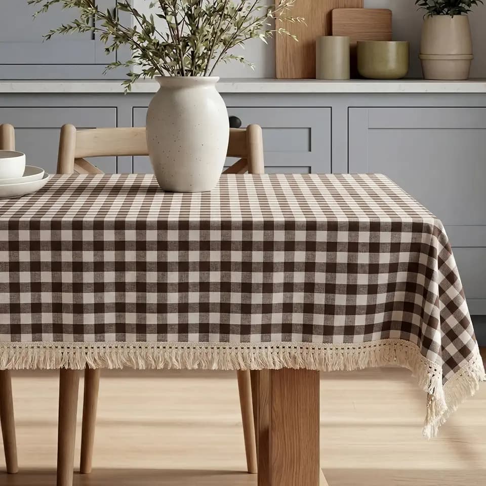 Chumia 60 x 120 Inch Plaid Tassel Table Cloth Brown Gingham Rectangular Table Cover Farmhouse Vintage Tablecloth with Fringe Double Sided Rustic Fabric Checkered for Kitchen Dining Room Home Decor