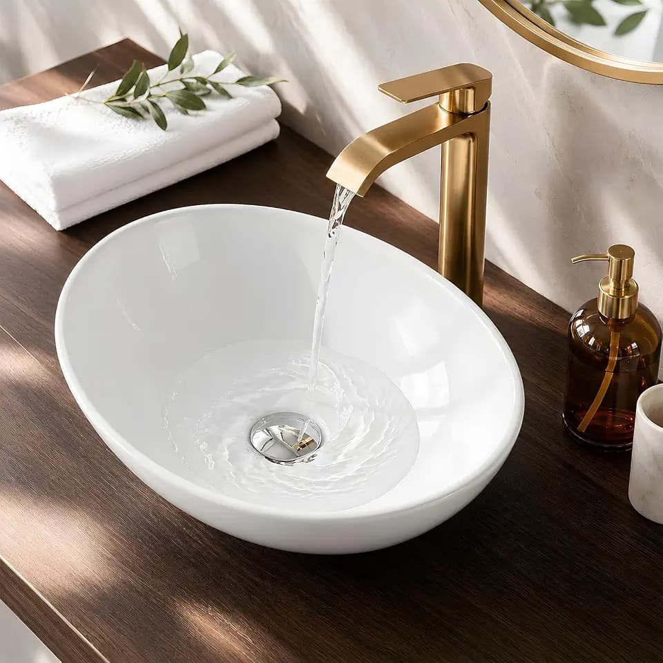 NUESTRA VIDA Small Bathroom Sink Above Counter, 16″x13″ Oval Vessel Sink, Porcelain Ceramic Bowl Sinks for Bathrooms, Modern Art Basin Lavatory vanity sink