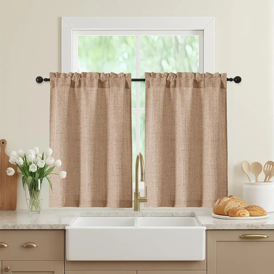 Terracotta Kitchen Curtains 36 Inch Length 2 Panels, Light Filtering Farmhouse Faux Linen Textured Short Curtains for Windows, Small Curtain for Cafe Cabinet Bathroom RV Camper, 30" Wx36 L